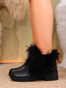 Women's New Autumn/Winter Fur Trim Ankle Boots, Round Toe, Chunky Heel, Thick Sole, Leather, Daily Versatile Warm Ankle Boots - Black - View 3