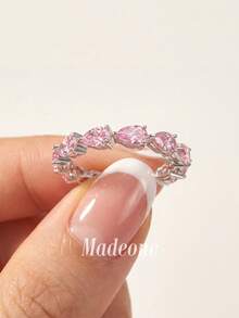 MADEONE 1pc Sparkling Pink Zirconia Pear-Shaped Fully Pave Ring, Women's Engagement Wedding Party Daily Wear Anniversary Jewelry Gift - Pink Stone - View 1