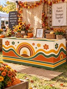 1pc Retro Boho Fall 3-Sided Table Cover, Polyester Tablecloth With Orange Green Wavy Stripes, Vintage Flowers & Sunrise Arch, 70s Geometric Table Decor For Autumn Party,Suitable For Thanksgiving, Weddings, Kitchen Decor, And Autumn Home Decoration. - Multicolor - View 3