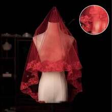 Red Vintage Lace Trim Bridal Veil, No Comb, Retro Style Bridal Head Veil Accessory, Suitable For Wedding, Proposal And Other Occasions - Burgundy - View 5