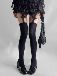 1 Pair Women's Gothic Cross Thigh High Over-The-Knee Socks, Punk Dark Style, Suitable For Cosplay, Party, Streetwear And Daily Wear - Multicolor - View 2