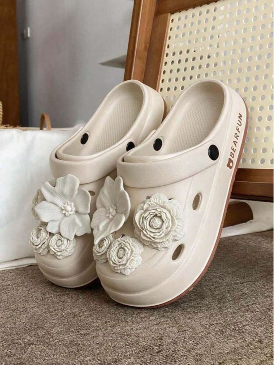 Women's Versatile Casual Hollow Slip-On Slippers, Cute Sweet DIY Pearl Flower Decor, Comfortable Closed Toe House Slides