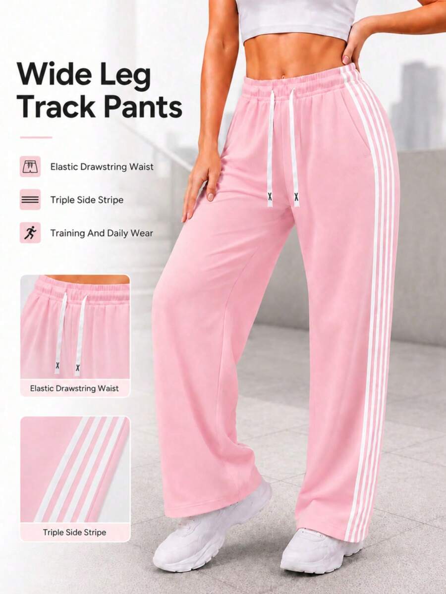 Women Wide Leg Track Pants Elastic Drawstring Waist Four Side Stripes Casual Athletic Pants For Training Daily Wear. - Pink - View 1