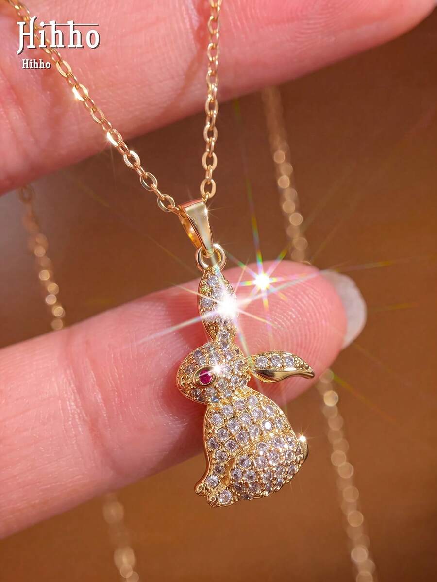 Hihho 1 buah Kalung Kelinci Berlian Imitasi Gaya Eropa dan Amerika dengan Desain Mata Merah, Kalung Penumpukan Dasar untuk Wanita - Kelinci Kecil - View 1