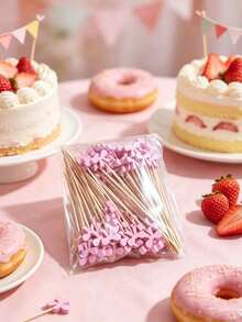 20/50/100pcs Exquisite Cute Pink Bow Food Skewers (Natural Bamboo, Smooth Surface) Lovely Design Decorative Set For Fruit Platters, Cooked Foods And Party Decorations. Christmas Essential. - Q - View 3