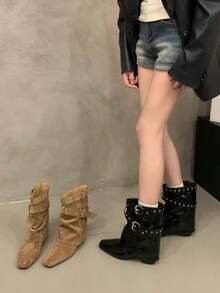 French Blogger Style Pointed Toe Wide Shaft Knee-High Boots, Nordic Kitten Heel Riding Boots For Women - Khaki - View 3