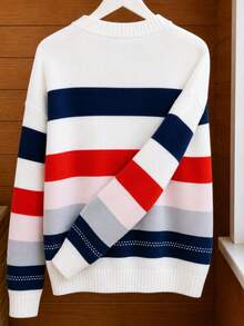 Atasan Rajut Wanita Ukuran Besar Musim Gugur Musim Dingin Leher Bulat Lengan Panjang Motif Garis-Garis Blok Warna - MultiWarna - View 2