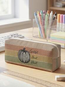 1pc Thanksgiving Pumpkin & Stripes Print Corduroy Pencil Case, Zipper Large Capacity Stationery Storage Pouch For Student School Daily Study - Multicolor - View 8