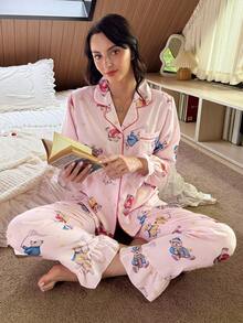 Sweet Pink Bear & Star Print Woven Pajama Set, Lantern Sleeve Button-Down Top & Pants Women Fall Winter Clothes - Pink - View 5