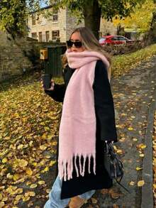 Women's Solid Color Tassel Scarf, Soft Fluffy Thick Warm Shawl, Casual Large Wrap Scarf For Fall Winter Daily Outfit Accessory - Fringed Scarf - View 3