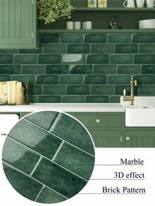 1/10/30pcs Peel And Stick Backsplash Tiles, Dark Green Marble Brick Pattern Wall Tile Stickers, Self-Adhesive PVC Subway Tile, Waterproof Stain Resistant, Easily Cut With Scissors For DIY Installation, Perfect For Kitchen Backsplash, Bathroom Vanity - Faux Tile Wall Sticker (Green) - View 4