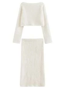 Autumn/Winter Premium Soft Faux Mink Fur Knit Sweater And Bodycon Skirt 2 Pieces Set - White - View 2