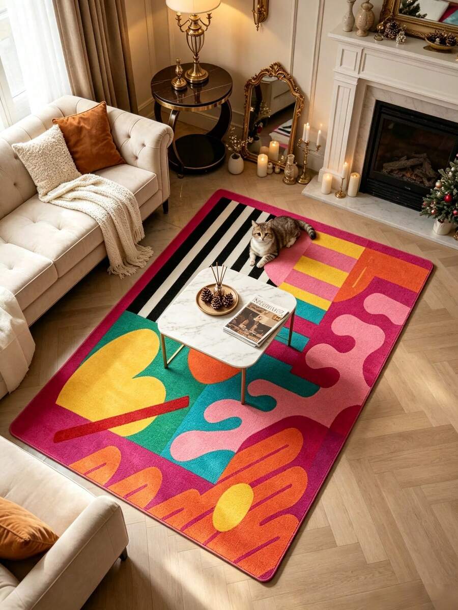 1pc Pink Modern Art Living Room Rug, Autumn/Winter Carpet, Living Room Area Rug, Small Area Rug, Home Decor, Large Living Room Carpet, Room Decoration, Washable Rug - Multicolor - View 1
