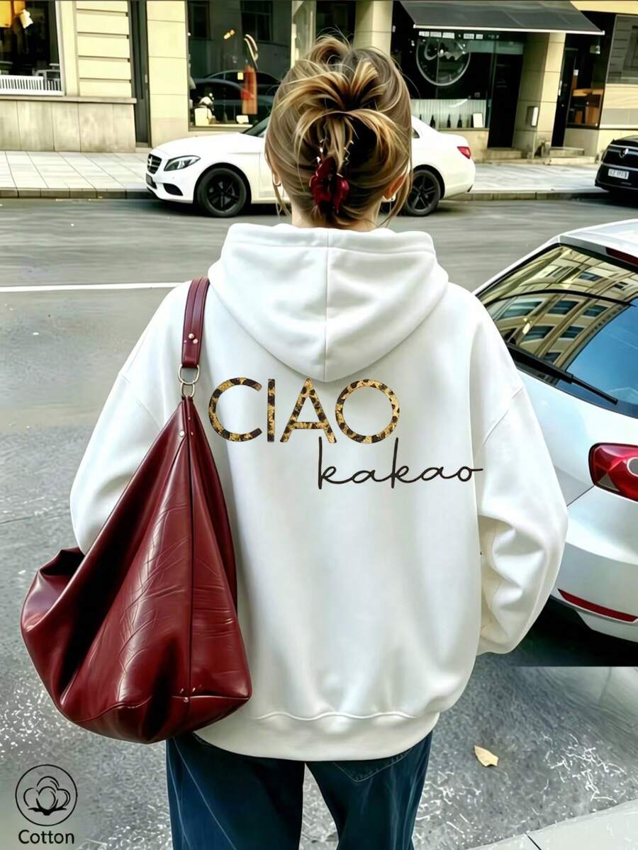 Unisex Casual Streetwear Hoodie: Loose Drop-Shoulder Fit, Breathable Cotton, Back Leopard 'CIAO' & Black '' Print, Spring Autumn Daily Wear - White - View 1