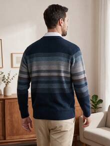 Navy Blue Men's Checkered Stripe Casual Crew-Neck Thick Knit Sweater, Winter, For Fall, Long Sleeve Top - Navy Blue - View 3