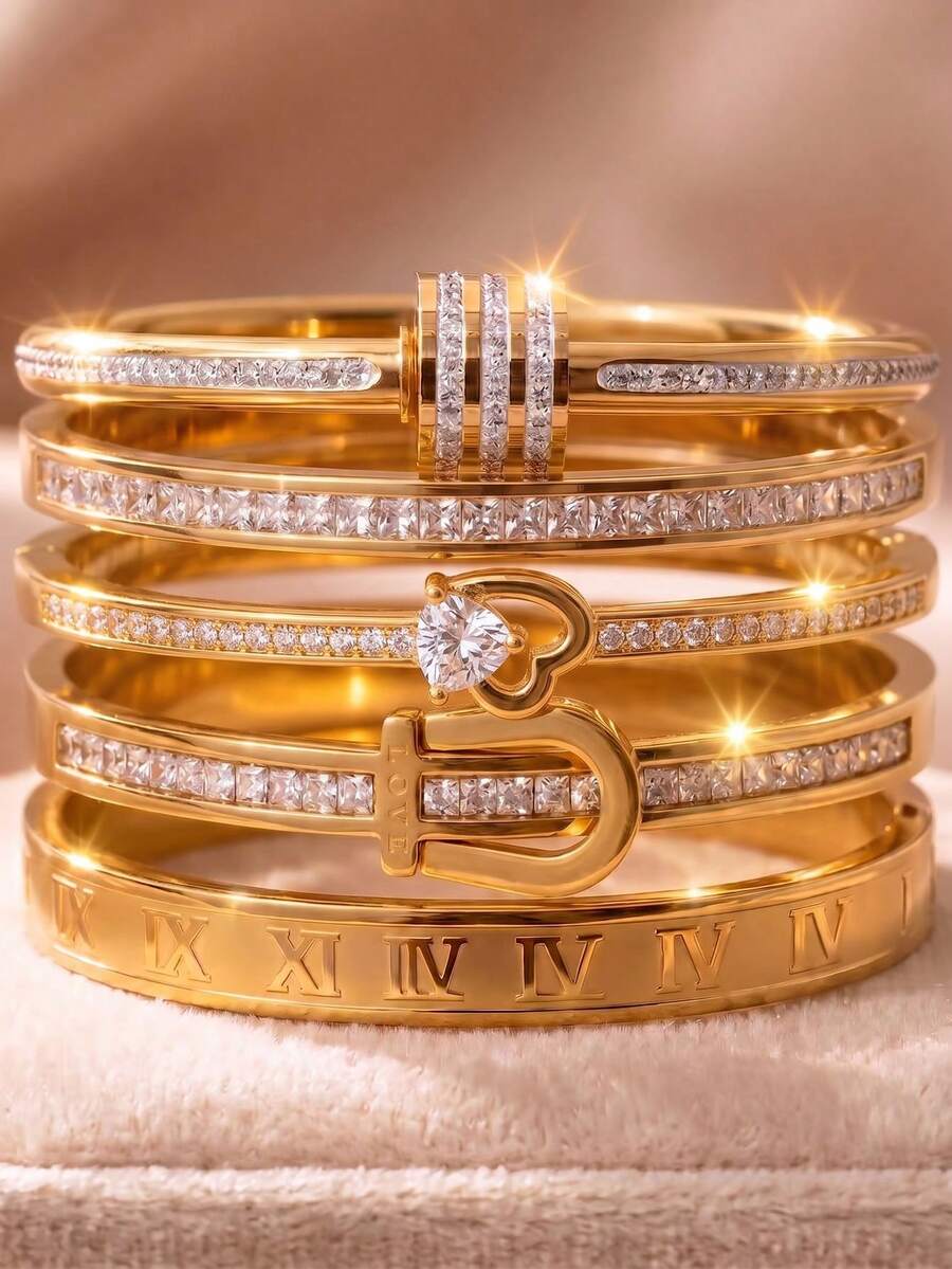 5/1pcsLuxury Gold‑Tone Stainless Steel Bangle Set, Different Bangles Bring You Distinct Wearing Experiences - Gold - View 1