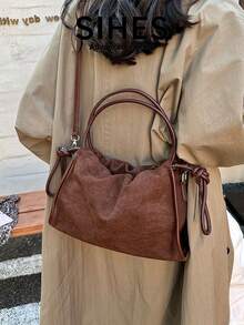 1pc Solid Color Suede Velvet New Women's Backpack, Shoulder Bag, Crossbody Bag, Fashion Large Capacity Bucket Bag, Suitable For Commuting, Shopping, Dating, Shopping - Coffee - View 2