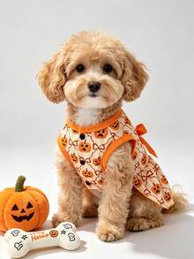 LUCKIE PAW 1 buah Gaun Hewan Peliharaan Motif Ekspresi Lucu Halloween, Anti Kutu, Mengurangi Kerontokan Bulu, Isolasi Panas, Bernapas, Cocok Untuk Anjing dan Kucing Kecil dan Besar, Dalam dan Luar Ruangan - Jeruk - View 5