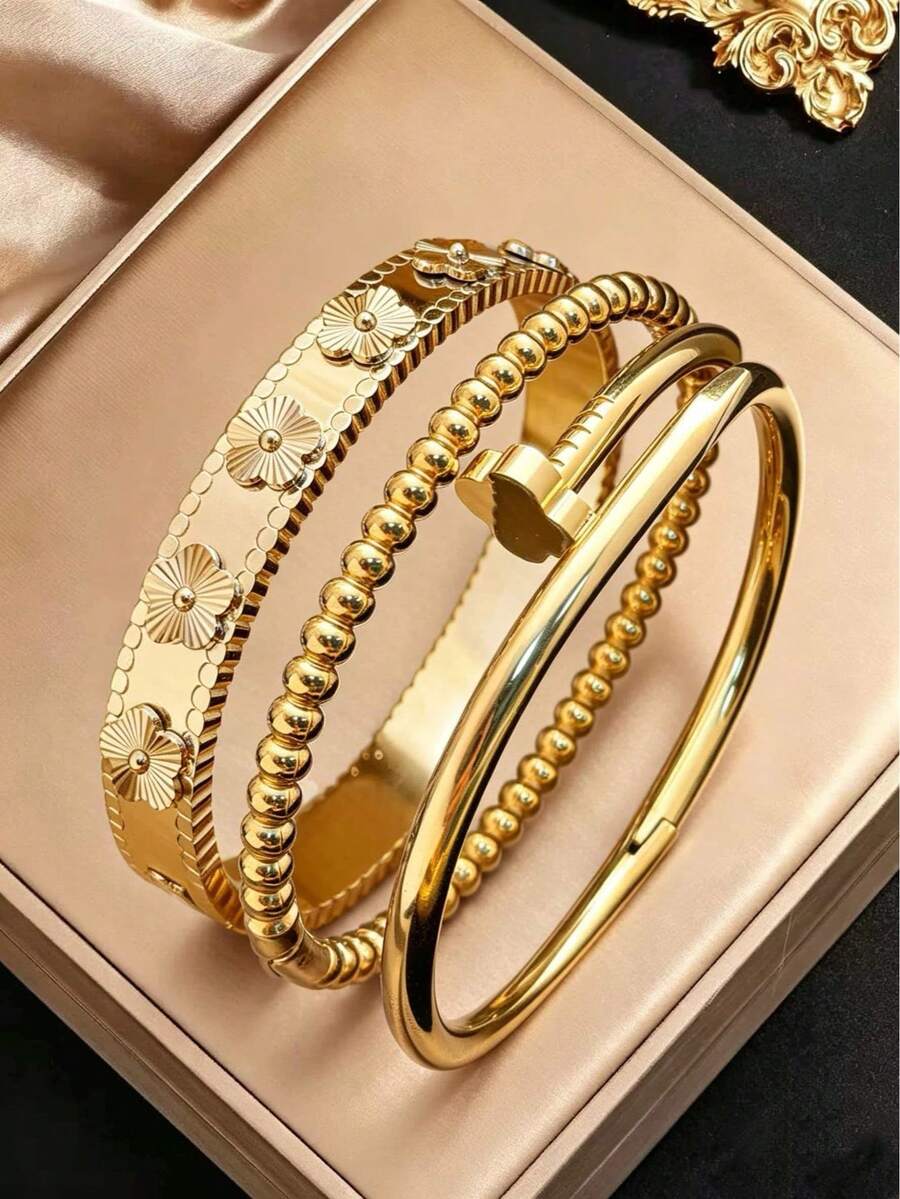 1pc/3pcs New European And American Stainless Steel Bracelet, Lightweight Luxury Versatile Gold Plated Non-Fading Bracelet, Factory Supply - Gold - View 1