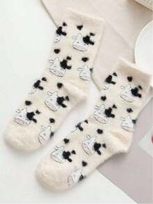 2 Pairs Cute Cow Pattern Plush Round Neck Fluffy Socks, Thick Warm Coral Fleece Socks, Soft And Comfortable, Suitable For Daily Wear, Holiday, Winter Home Warmth, Warm And Caring - Multicolor - View 7