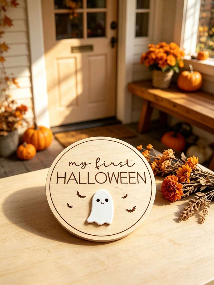1pc Baby's First Halloween Round Wooden Sign, Newborn Welcome Sign, 3D ...
