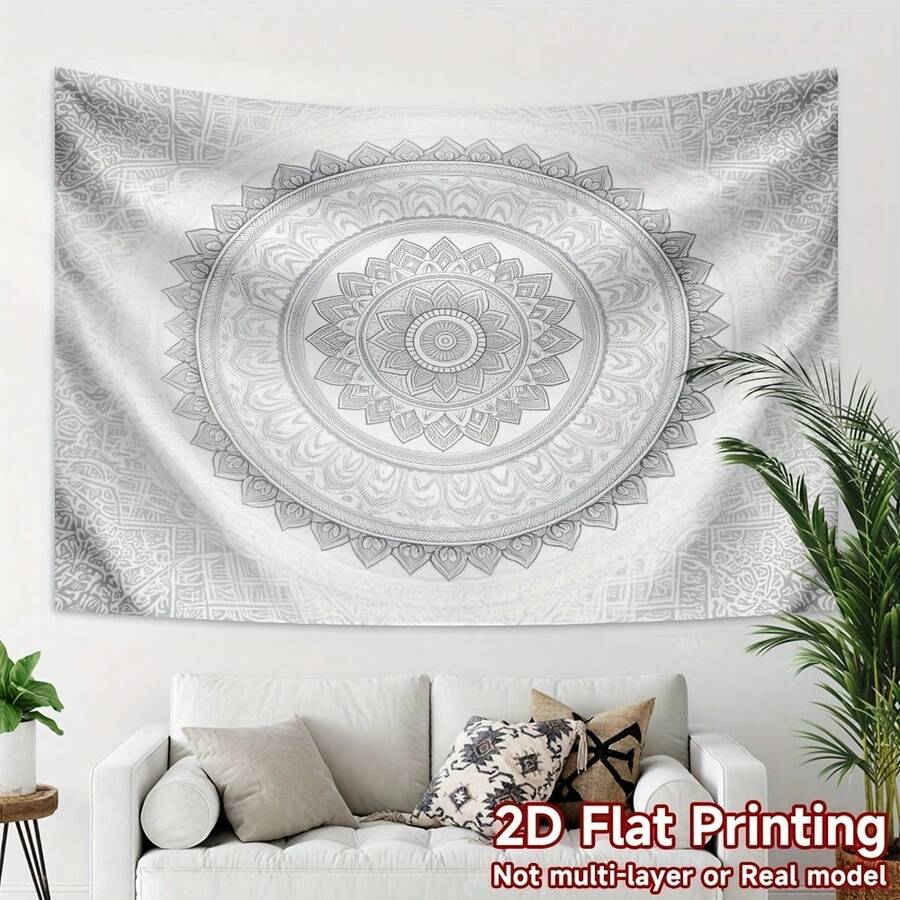 1PC Large Gray And White Mandala Tapestry - Intricate Symmetrical Design, Durable Polyester Fabric, Easy To Hang, Suitable For Living Room, Bedroom, Party, Wall Or Yard Decoration, Suitable For All Seasons, Multiple Sizes Available, Free Installation Kit - Multicolor - View 1