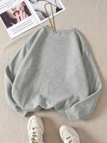 Plus-Size Women's Crew Neck Sweatshirt With Cartoon Flower Print, Casual And Simple, Suitable For Everyday Wear In Autumn And Winter. - Grey - View 2