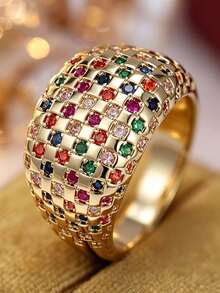 Gmzalx خاتم نسائي عريض بأسلوب القصر، تفاصيل مربعات مع ترصيع زركونيا صناعية متعددة الألوان، إكسسوار فاخر ملفت للنظر، مناسب للارتداء اليومي والحفلات والولائم - الذهبي - مشاهدة 10
