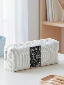 1pc Halloween Skull Jack-O'-Lantern Print Corduroy Pencil Case, Zipper Large Capacity Stationery Storage Pouch For Student School Daily Study - Multicolor - View 8