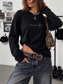 Women's Round Neck Long Sleeve Small Print Regular Fit Loose T-Shirt, Fashionable Versatile Casual Top For Spring And Autumn - Black - View 3