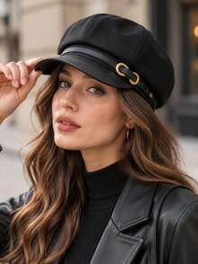 1pc Women's Vintage Newsboy Cap With Metal Buckle, Octagonal Beret, Autumn/Winter Daily Street Casual Flat Cap - Flat Top - View 2