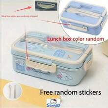 1pc Sanrio KT Cat Back To School Season Divided Lunch Box With Lid, Transparent Cover, Utensils Fork & Spoon, Reusable, Microwave Plastic Bento Box, Portable Breakfast Container, Perfect For Home Kitchen, School, Office, Travel And Outdoor Picnic, Random Stickers - Multicolor - View 13