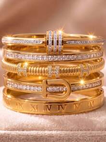 5/1pcsLuxury Gold‑Tone Stainless Steel Bangle Set, Different Bangles Bring You Distinct Wearing Experiences - Gold - View 19