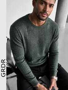 GRDR Fine Textured Vertical Ribbed Crew Neck Simple Basic Solid Color Men's Daily Casual Sports Long Sleeve Pullover Top - Green - View 1