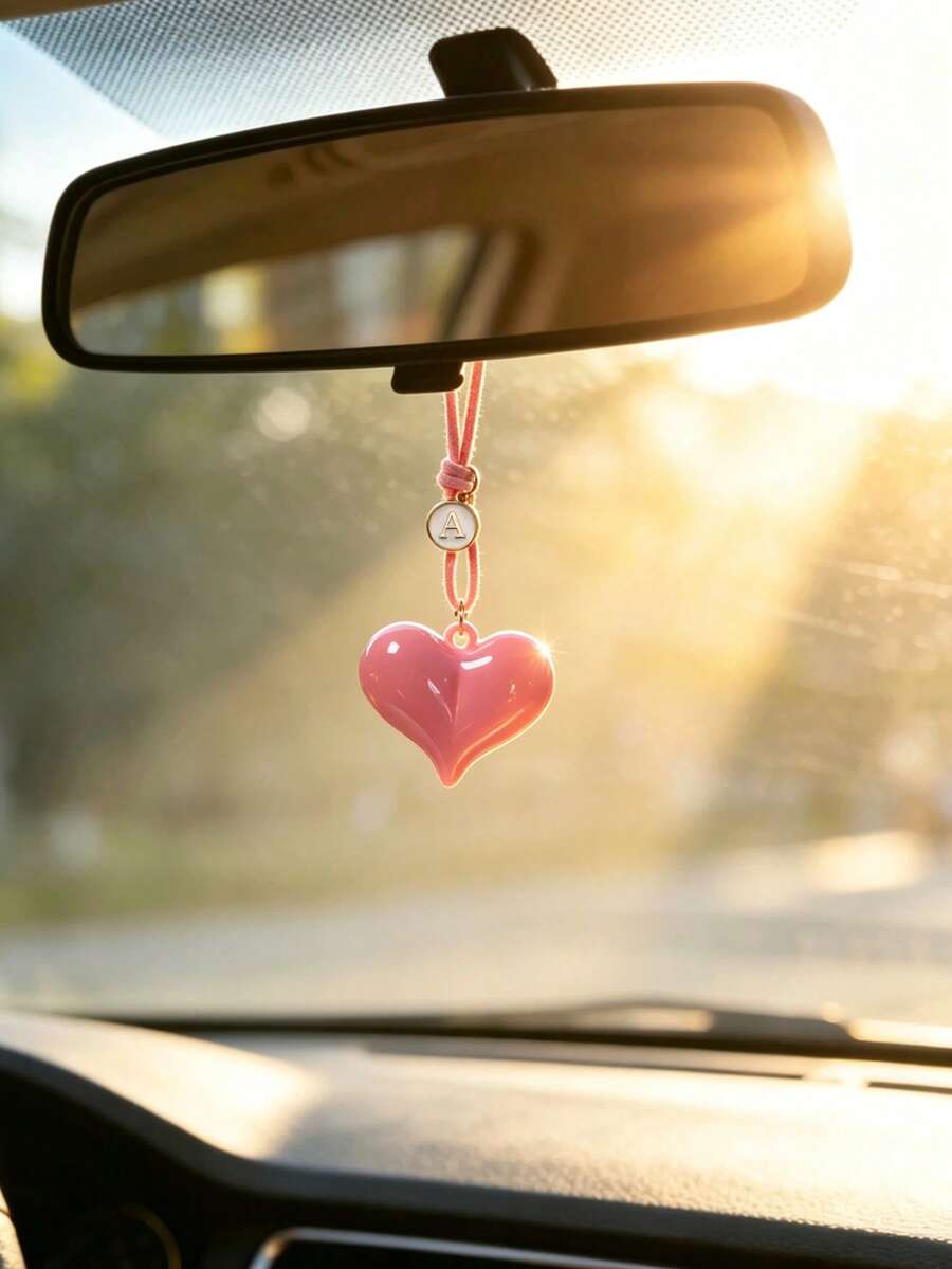 1pc Pink Heart Letter Pendant Car Interior Rearview Mirror Hanging Decoration Car Interior Decoration Accessories Car Interior Decor - A - View 1