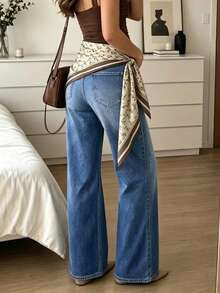 Women's Mid-Waist Stretch Light Blue Straight Leg Jeans, Vintage Washed, Versatile Comfortable Long Pants, Scarf Not Included - Medium Wash - View 2