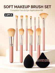 13Pcs Soft Makeup Brush Set, Including Powder Brush, Blush Brush, Highlighter Brush, Eyeshadow Brush, Eyeliner Brush, Makeup Puff, For Powder & Liquid Foundation Application, Professional Beauty Makeup Tools, Complete Makeup Kit, Makeup Gift Set - Coral Pink - View 9