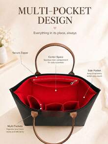 XD Organizador multifuncional para bolso - Bolsa de almacenamiento con forro con cremallera y múltiples compartimentos - Organizador de bolsa grande con múltiples bolsillos - Compatible con varios tamaños de bolsos - Organizador de viaje y vuelta al colegio - Protección resistente a arañazos para artículos valiosos - Bolsa de almacenamiento - Rojo - Ver 6