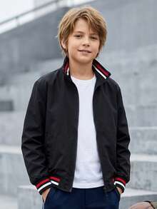 Teen Boys Solid Color Zipper Front Bomber Jacket With Arm Zipper Pocket, Casual Windproof Baseball Collar Outerwear For Autumn/Winter - Black - View 1