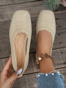 1 Pair Lightweight Comfortable Outdoor Women's Slip-On Shoes, Spring/Autumn New Knit Breathable Flat Shoes For Driving And Work, Diamond Lattice Decor - Beige - View 8