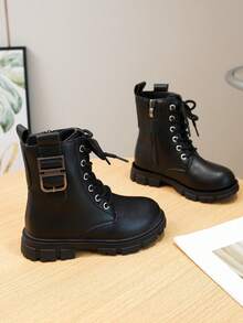 Girls Streetwear Kids Comfortable Metal Buckle Decor Glossy Functional Style Boots Black Boots Cool Girls Boots Suitable For Autumn/Winter Wear - Black - View 4