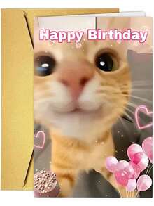 OBOVAY 1Pc Funny Birthday Card With Envelope - Cute Ginger Cat Design, Pink Balloon And Heart Pattern - Unique Creative Card Suitable For Pet Owners, Cat/Dog Enthusiasts, Friends, And Family - Perfect Birthday Gift, Festive Stationery, Fun Design - View 4