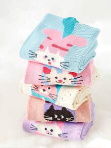 5 Pairs Cute Cartoon Cat Kids Socks, Adorable Baby Mid-Calf Dopamine Girl Socks, Suitable For Spring, Autumn, Winter - Multicolor - View 5