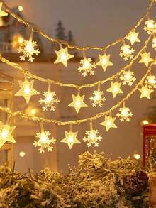 1pc 8-Function USB Powered Remote Control Star & Snowflake LED String Lights, Hanging Wrap Decor For Events, Parties, Hallways, Stair Railings - Star + Snowflake - View 5