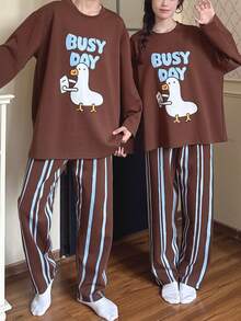 2pcs Women's Pajamas Loungewear Set, Round Neck Couple Style Pullover Cute Goose Print Long Sleeve Pants, Comfortable For Home Wear - Brown - View 1