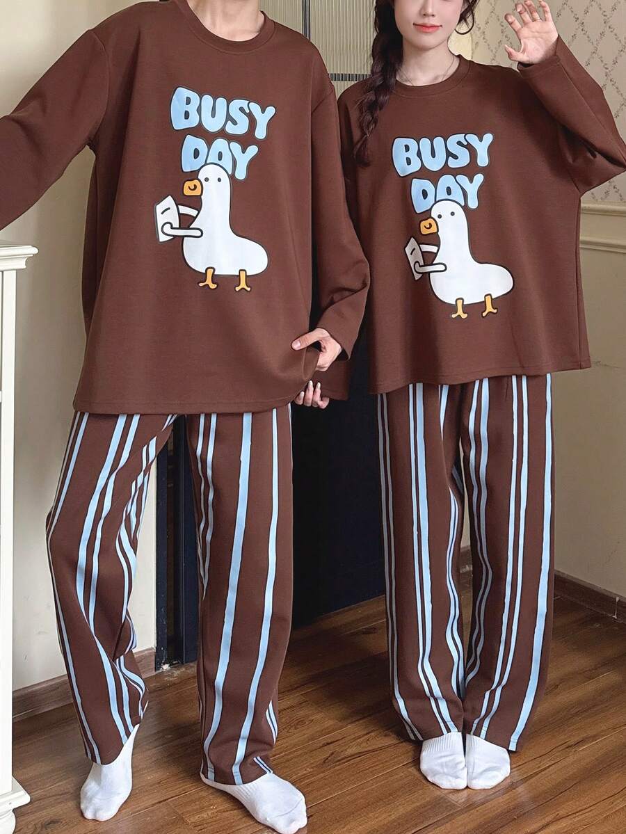 2pcs Women's Pajamas Loungewear Set, Round Neck Couple Style Pullover Cute Goose Print Long Sleeve Pants, Comfortable For Home Wear - Brown - View 1