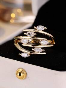 1pc Creative Multi-Layer Wrapped Horse Eye Shaped Cut White Cubic Zirconia Gold Plated Yellow Women's Stackable Ring, Suitable For All Special Celebrations Throughout The Year, Enhance Your Charm - White - View 3