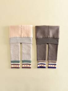 2pcs Thickened Baby Leggings With Heart Pattern, Children's Tights, Long Pants, Warm And Comfortable, Girls' Tights, Autumn/Winter - Multicolor - View 6