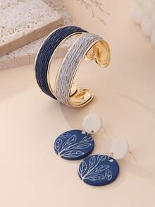 2pcs/Set Women's Bohemian Contrast Color Luxury Jewelry Set, 1 Pair Vintage Blue Leaf Print Soft Clay Earrings, 1 Woven Open C-Shaped Bracelet, Bohemian Contrast Color Luxury Jewelry 2pcs/Set, Vacation Travel Daily Commute Party Atmosphere Accessories - Multicolor - View 3