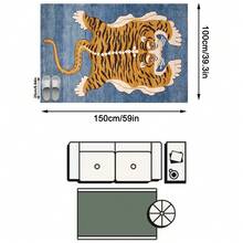 1PC Blue Background Orange-Brown Tiger Animal Totem Pattern Traditional Middle Eastern Style Carpet, Vintage Exotic Folk Style Faux Cashmere Tiger Skin Outline Tiger Stripe Detail With White Border Feature Machine Washable Area Rug, Suitable For Living Room Bedroom All Season Home Decor - Multicolor - View 15
